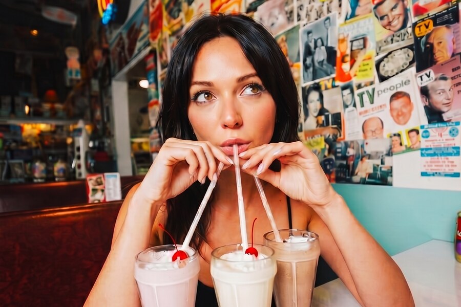 Une femme attablée dans un diner, trois milkshakes devant elle.